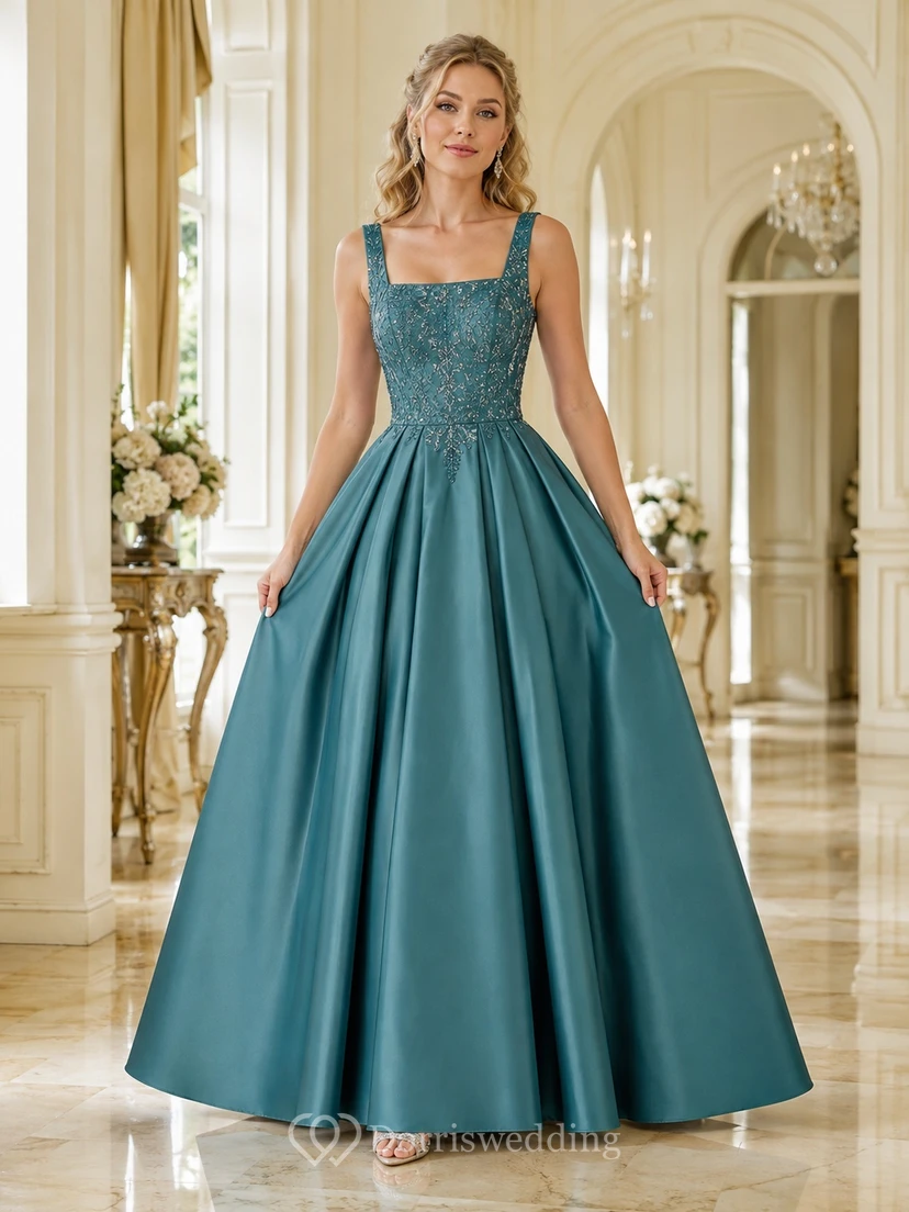 Stahlblaues, bodenlanges Ballkleid aus Satin mit eckigem Ausschnitt und Perlenbesatz