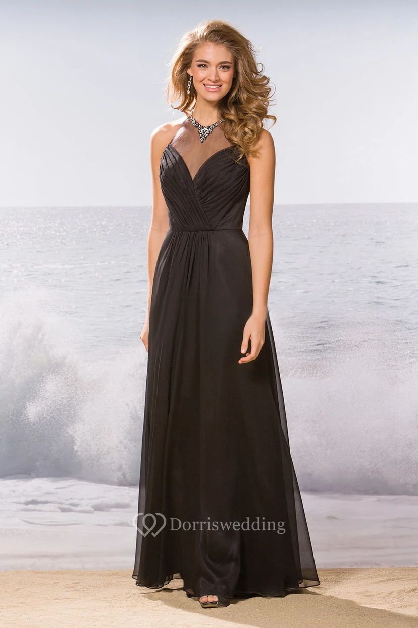 High Jeweled Neck A-Line Bridesmaid Dress With Pleats And Illusion Style
