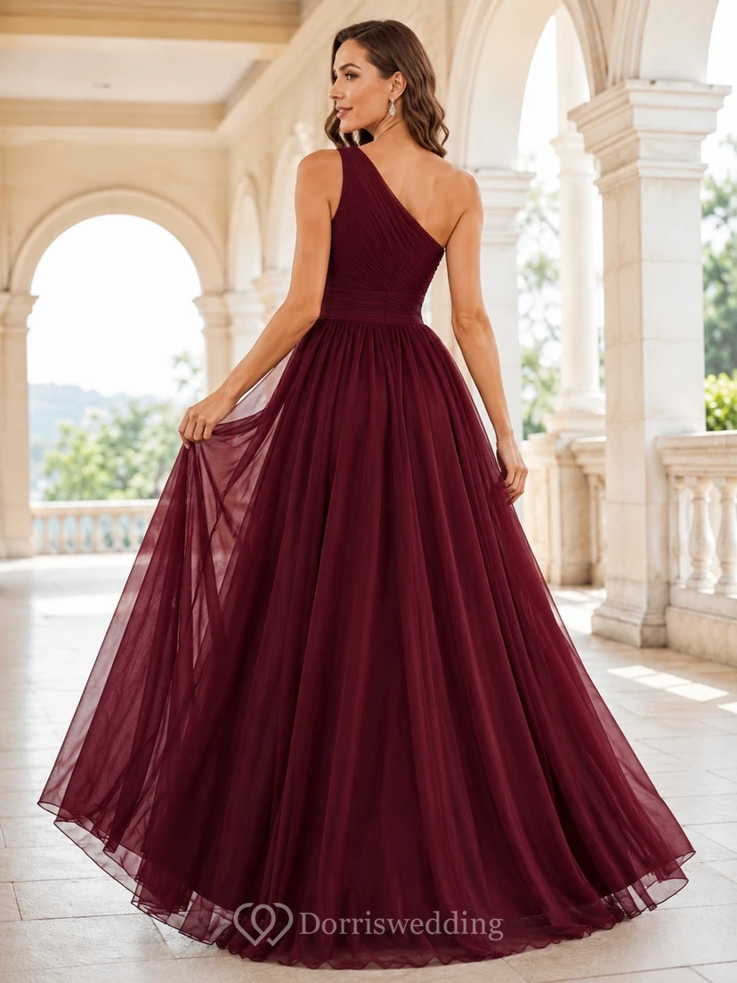 Burgundy One-Shoulder Pleated Chiffon Romantic Ball Gown Floor-Length Elegant Formal Dress view 2