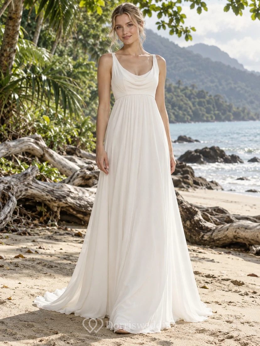 Schlichtes, ärmelloses Brautkleid in A-Linie mit rundem Ausschnitt und bodenlanger Silhouette, natürlicher Taille