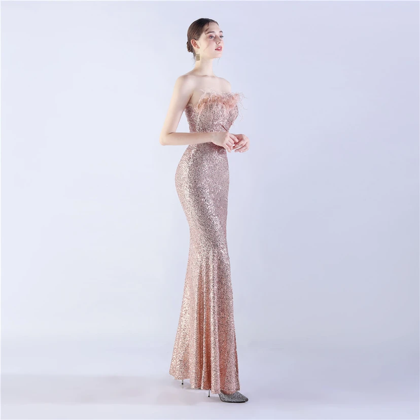 Ostrich Feather Plus Folding And Wrinkling Technology Host Dinner High-End Evening Dress view 12