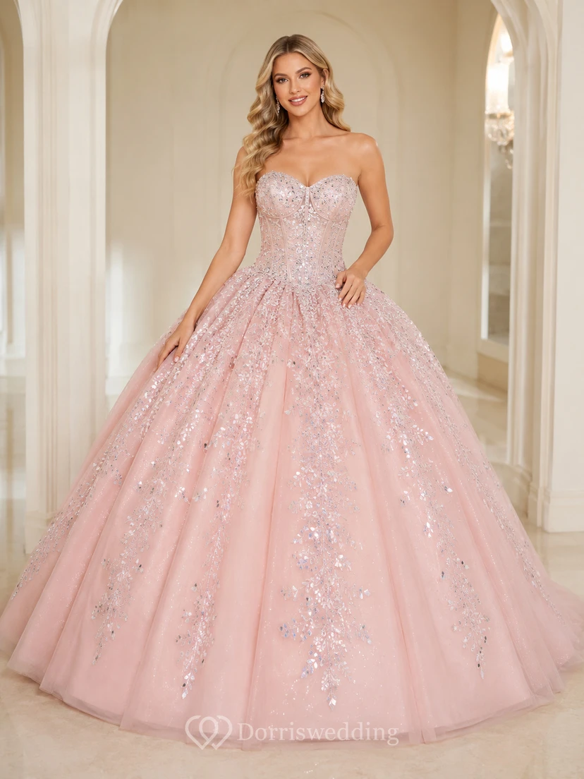 Blushing Pink Silver Luxury Strapless Mirror Sequin Embroidered Quinceanera Princess Ball Gown