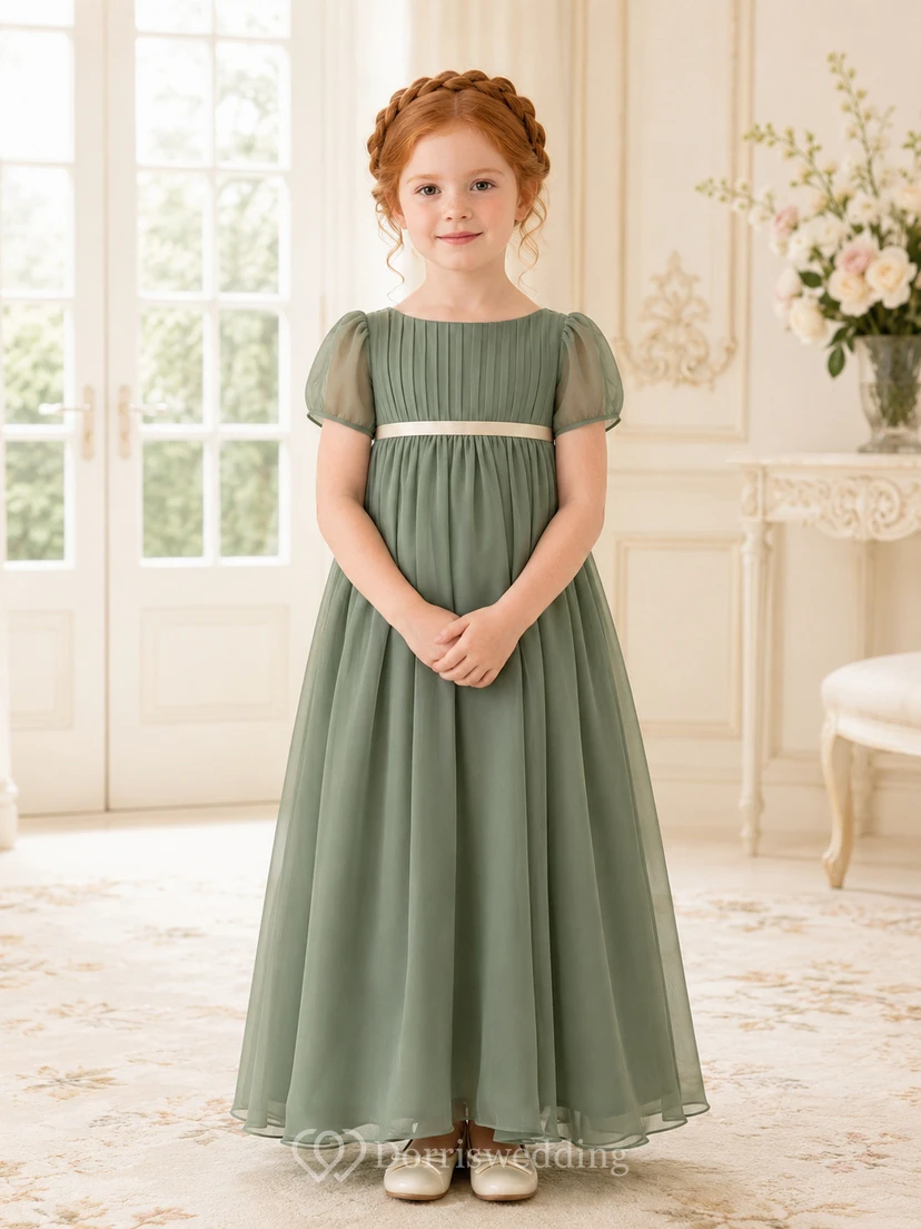 A-Line Regency Inspired Flower Girl Dress with Square Neckline, Puff Sleeves, Satin Waist, Full Tulle Skirt, Regency Garden Style