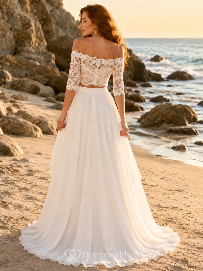 Off Shoulder Lace Crop Top Ruffled Chiffon Beach Bridal Set view 2