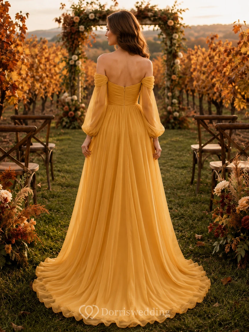 Mustard Off Shoulder Chiffon Autumn Vineyard Bridal Gown view 2