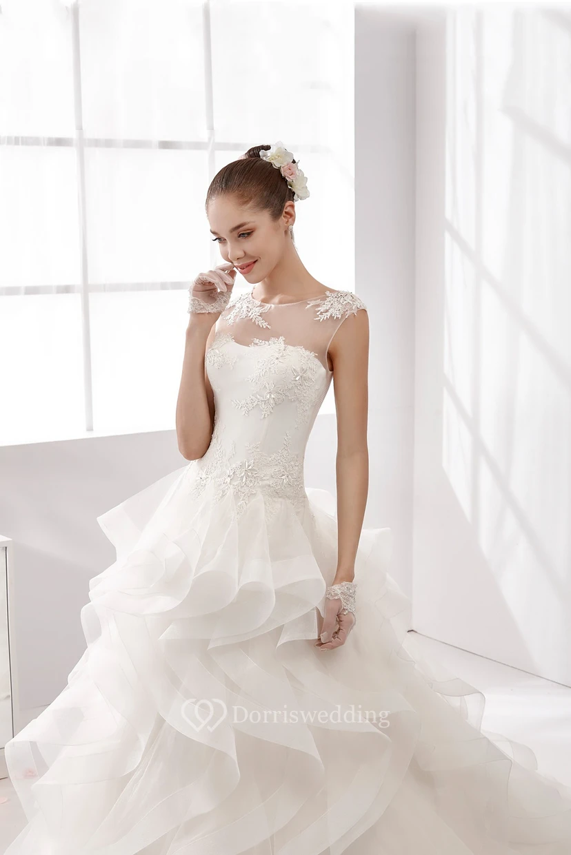 Jewel-Neck A-Line Wedding Gown with Cascading Ruffles and Illusive Neckline  view 3