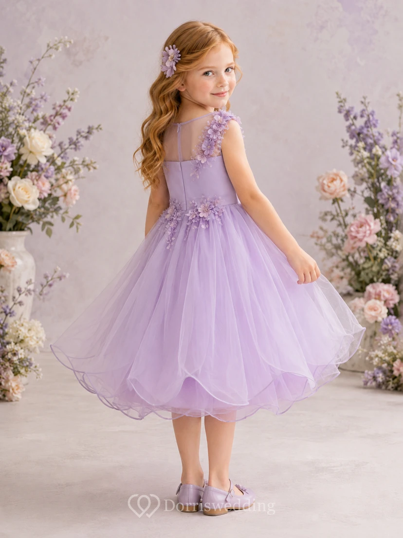 Lavender Petal Hem Flower Girl Dress with Sleeveless Tulle A-Line, Floral Waist Applique, Natural Waist, and Tea-Length Skirt view 2