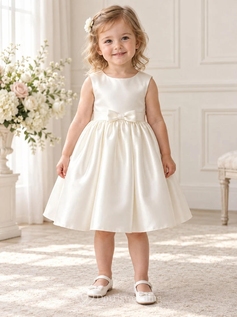 Einfaches, knielanges, elfenbeinfarbenes, ärmelloses A-Linien-Sommerkleid aus Satin mit Schleife in der Taille für Blumenmädchen