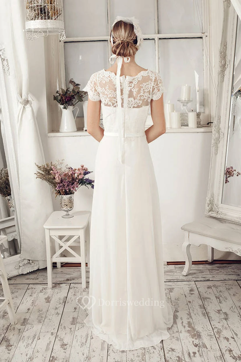 Sheath Cap-Sleeve Scoop-Neck Chiffon Wedding Dress With Lace And Illusion view 2