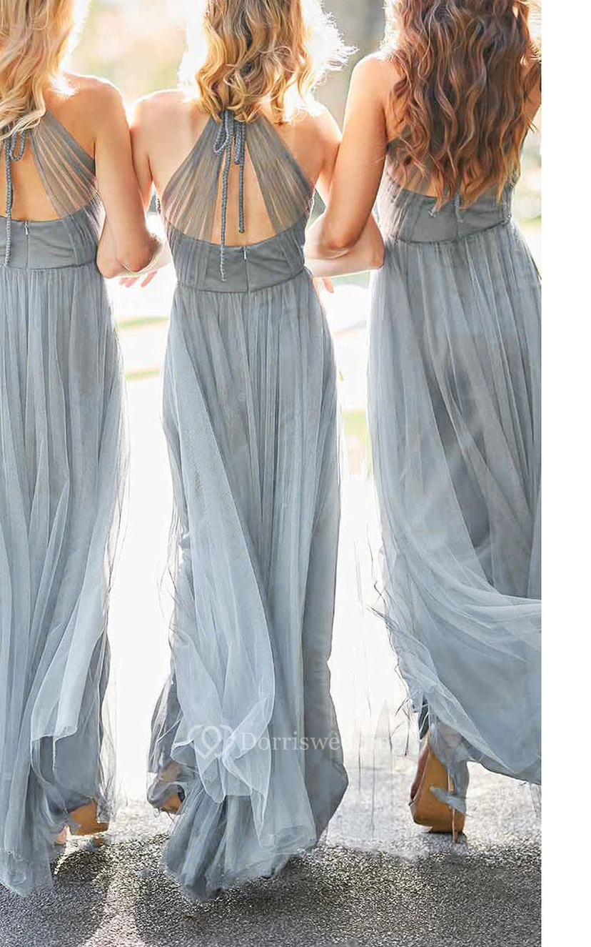 Empire V-Neck Sleeveless Floor-length Bridesmaid dress with Crisscross and Halter view 3