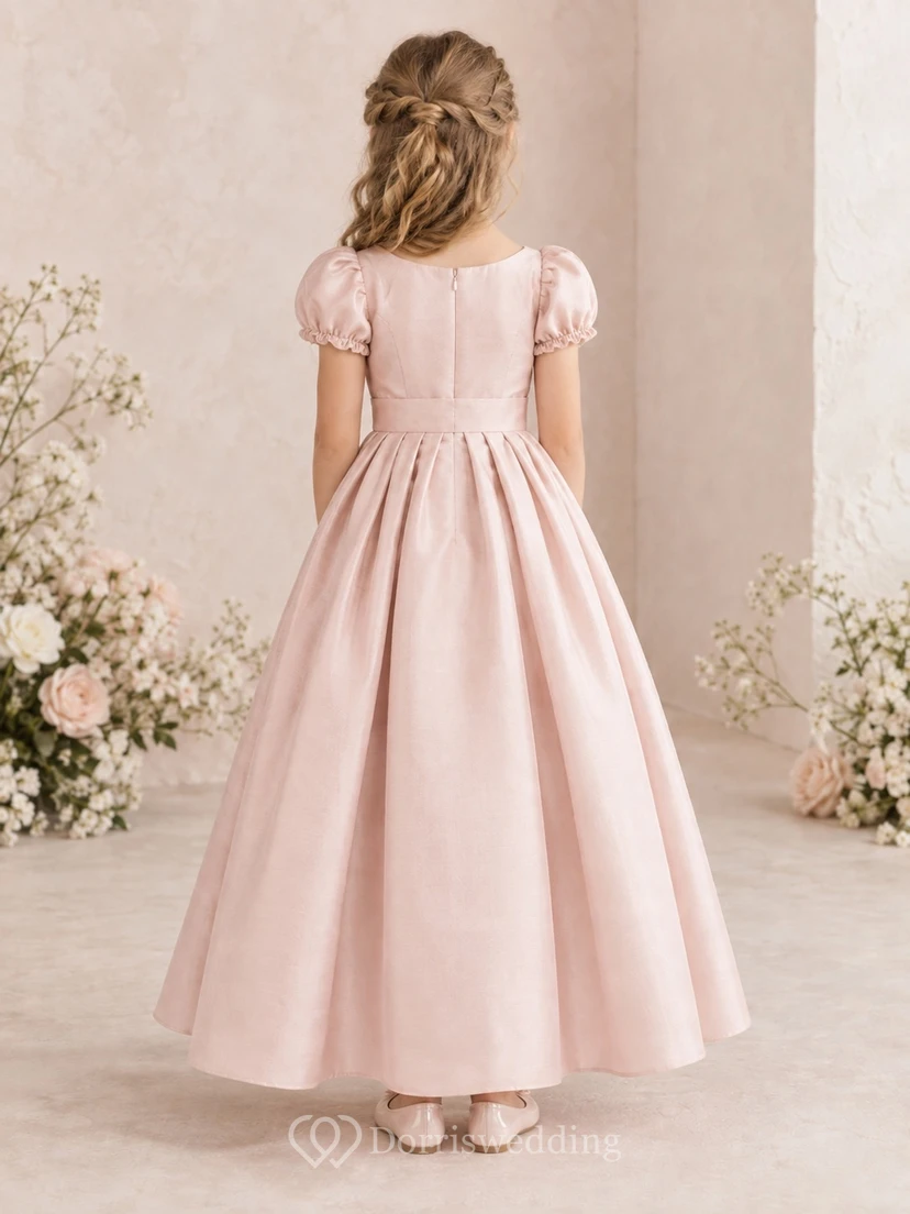 Simple Pearl-pink Ankle-length Scoop Puff-sleeve Ruffled-cuff Pintucked-bodice Banded Pleated Zipper-back Flower Girl Dress view 2