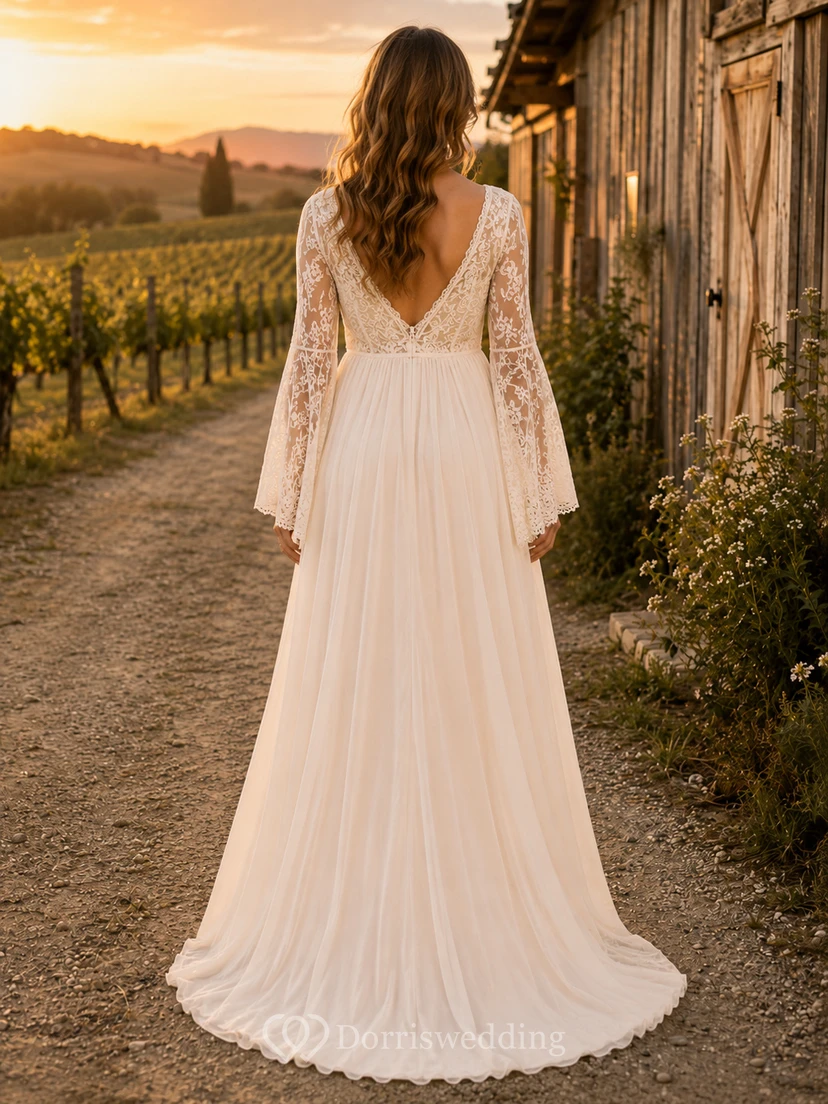 Vestido de novia premamá de manga larga con escote en V y encaje, estampado de viñedos. view 2