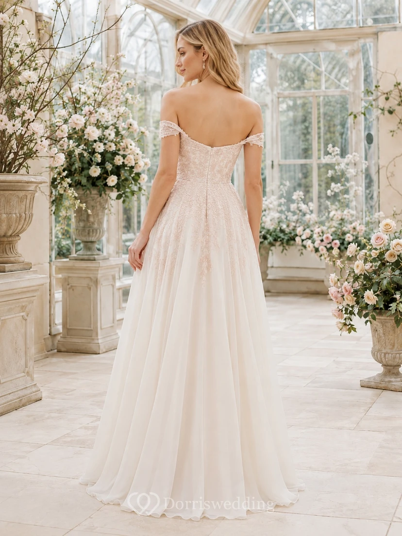 Blush Tulle Off Shoulder Short Sleeve A-Line Floor Length Romantic Bridal Dress view 2