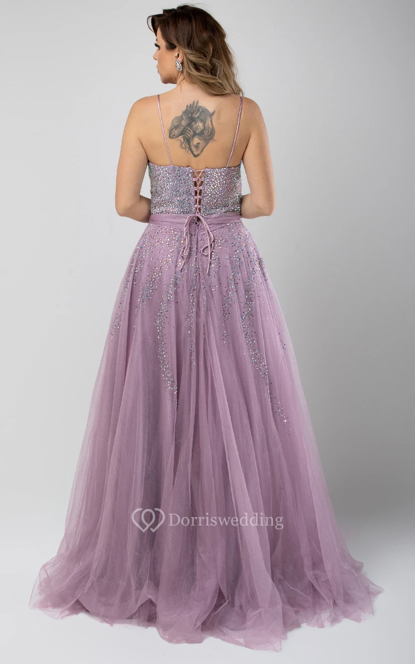 Modernes, bodenlanges, ärmelloses Tüll-Abendkleid in A-Linie mit Korsettrücken und Perlenstickerei view 2