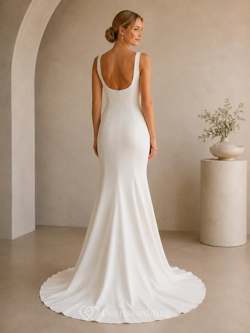 Vestido de novia minimalista de corte sirena con escote cuadrado sencillo en crepé, ideal para estudio. view 2