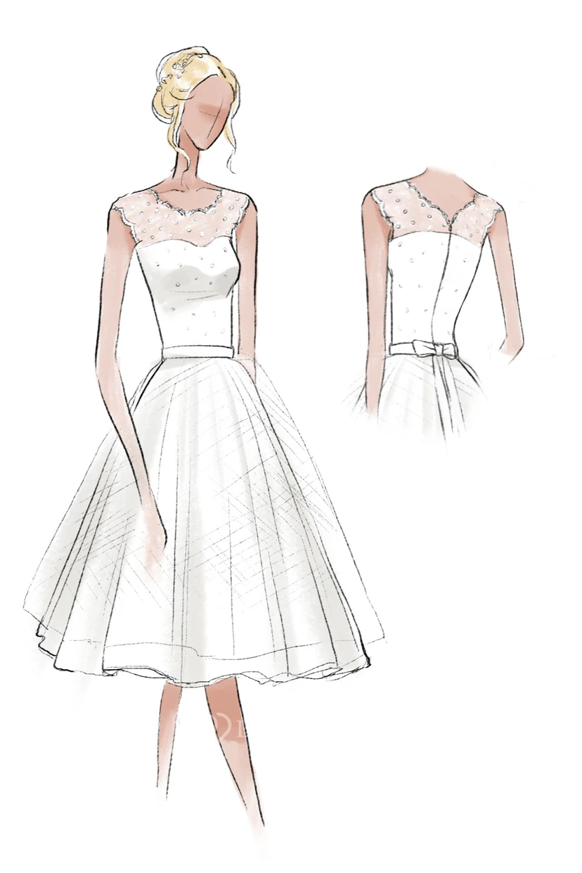 Brautkleid aus elfenbeinfarbenem Tüll mit kurzen Ärmeln und Spitzenbesatz, wadenlang view 11