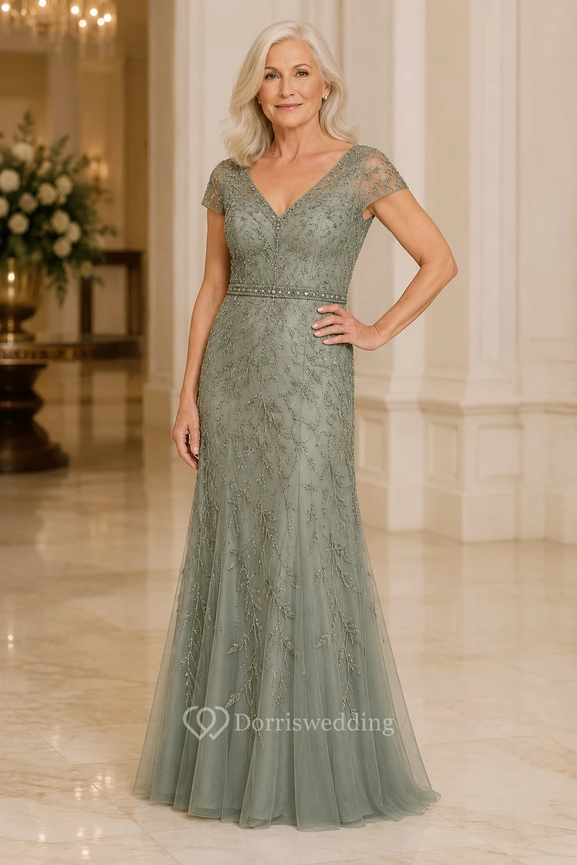 Sage Lace Mermaid Mother Dress With Cap Sleeves