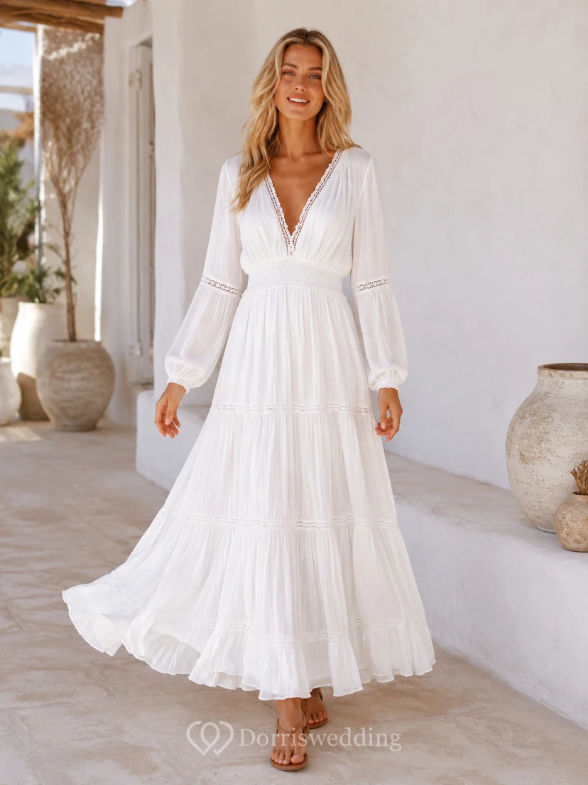 Robe de mariée bohème de plage en mousseline de soie et dentelle à volants, col en V et manches bouffantes