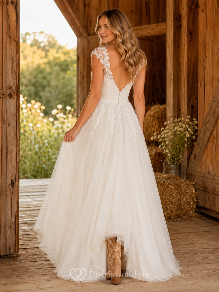 Robe de mariée de maternité à épaules dénudées, manches papillon, dentelle à volants view 2