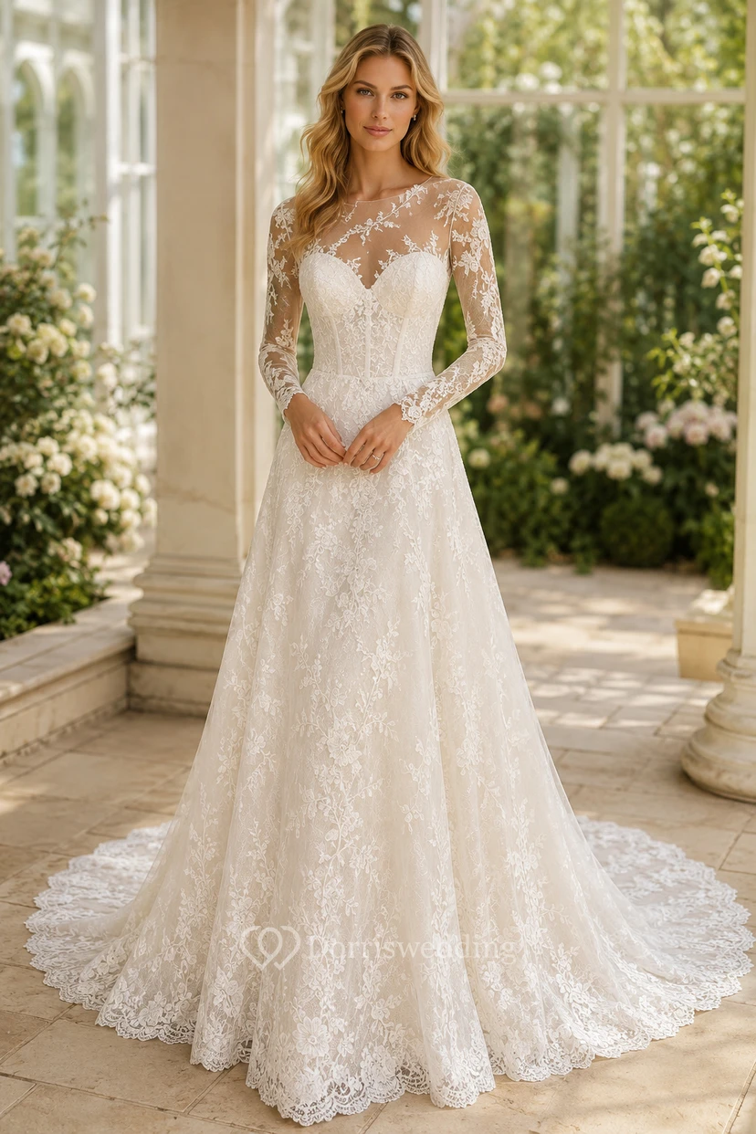 Robe de mariée en dentelle et tulle, coupe trapèze, bustier cœur, manches longues, traîne.