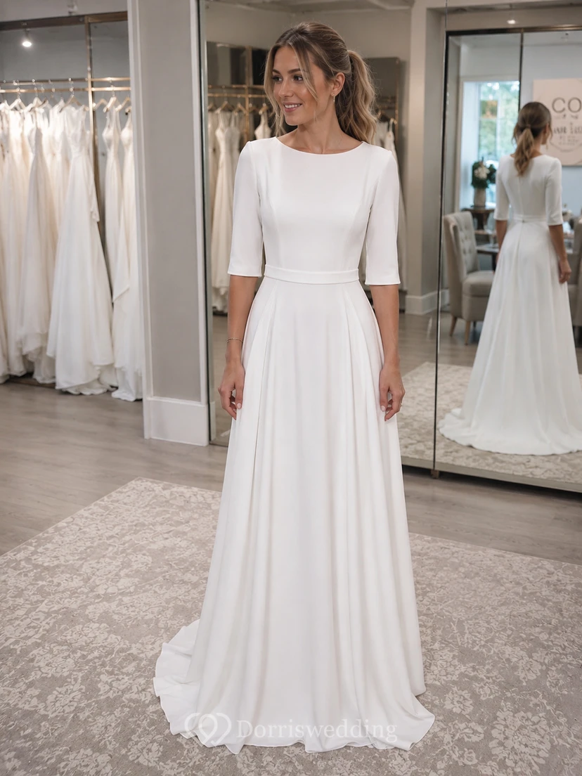 Simple Modest Half-sleeve Scoop-neck Casual Wedding Dress view 6