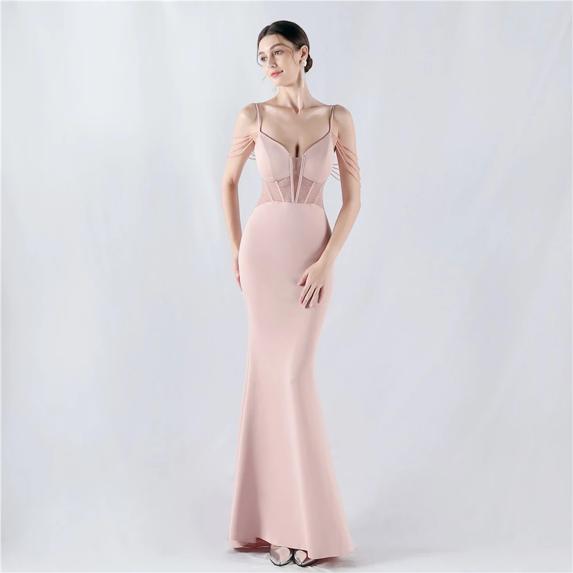 Vestido de noche con cintura de espiga, bordado de diamantes de imitación, ideal para banquetes y presentaciones. view 30
