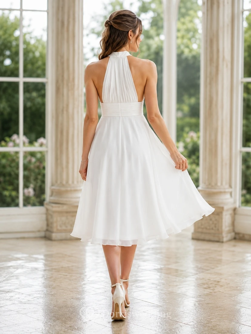 Civil High Neck Halter Pleated Chiffon Tea-Length A-Line Wedding Dress view 2