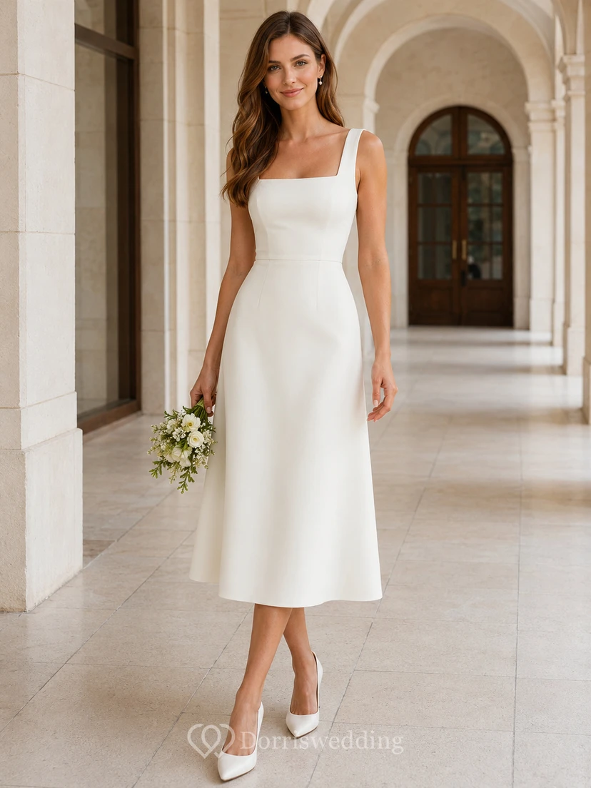 Robe de mariée civile en satin, coupe trapèze, longueur thé, bretelles carrées simples