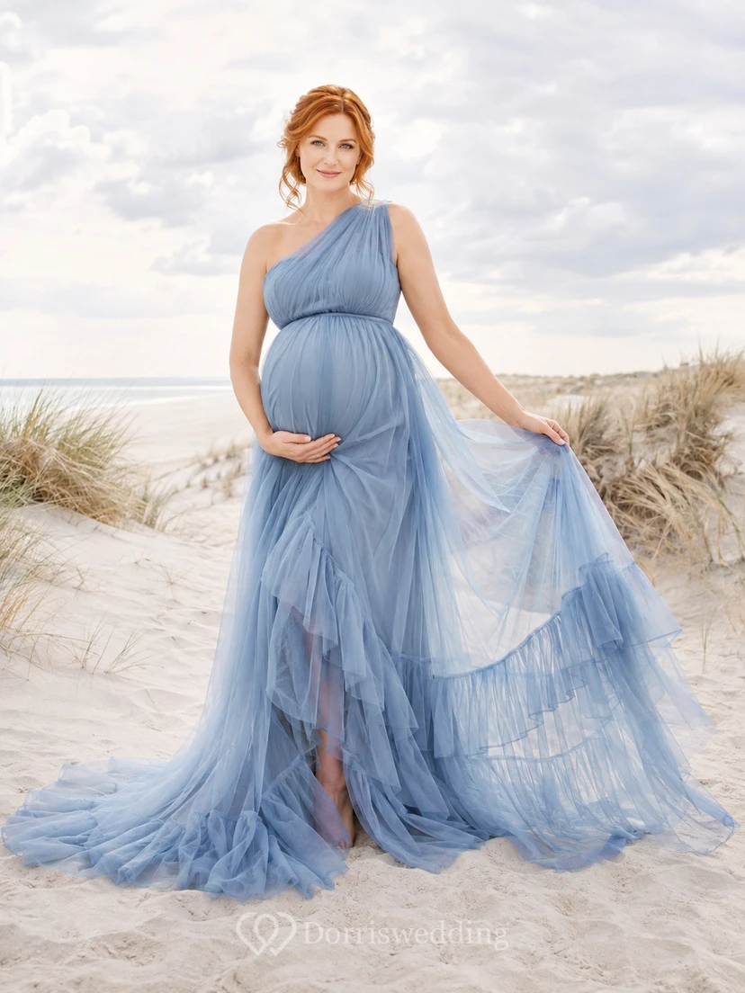 Pool Maternity Chiffon Tulle One-shoulder Empire A-Line Sweep Train Boho Gown
