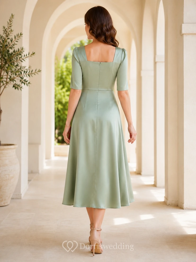 Modest Sage Tea-Length Satin A-Line Square Neck Half Sleeve Dress view 2