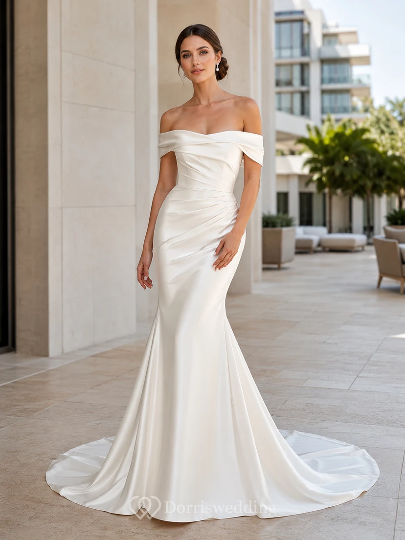 Minimalist Satin Wedding Dress Mermaid Off Shoulder Court Train Bridal Gown