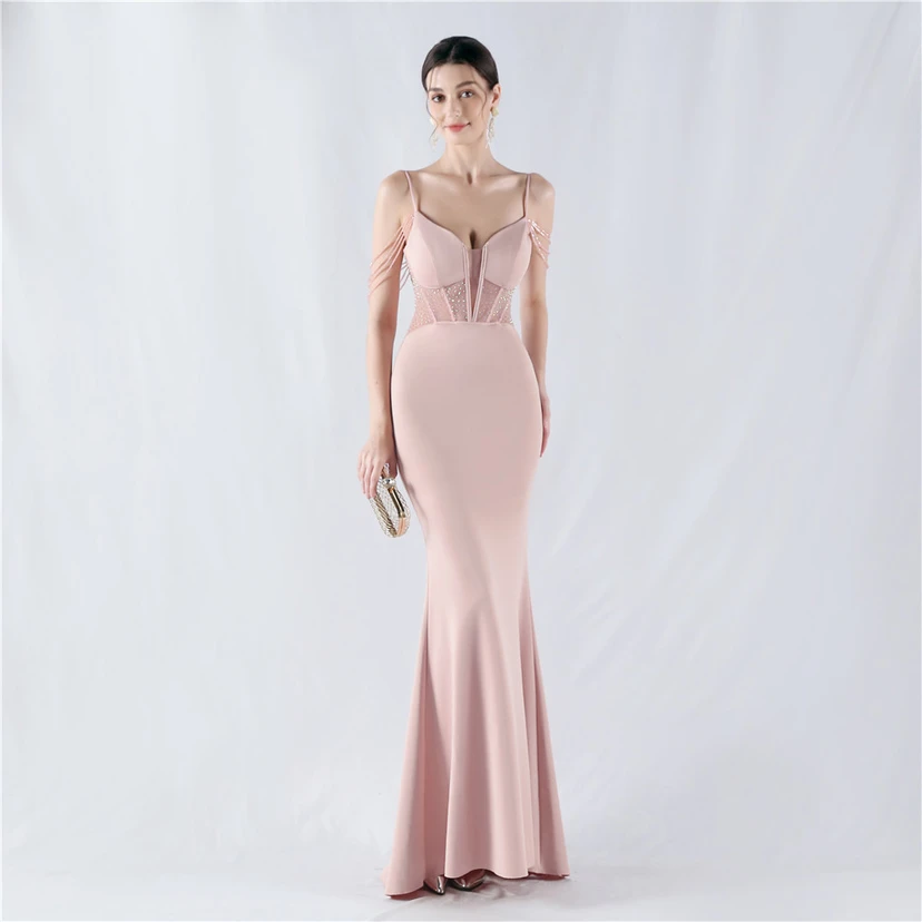Vestido de noche con cintura de espiga, bordado de diamantes de imitación, ideal para banquetes y presentaciones. view 32