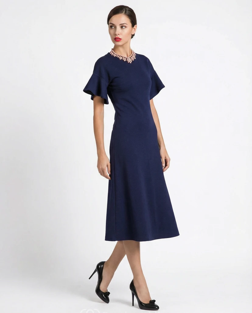 High Neck Jersey A-Line Dress with Bell Sleeves