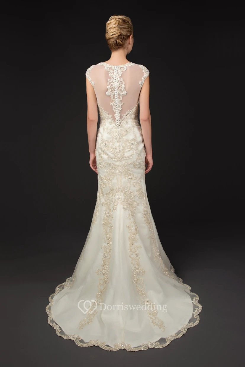 Square Neck Cap Sleeve Appliqued Tulle Wedding Dress With Brush Train view 2