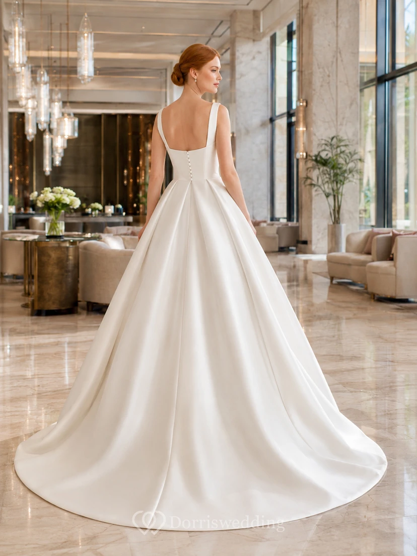 Vestido de novia moderno de satén con escote cuadrado, estilo princesa de hotel. view 2