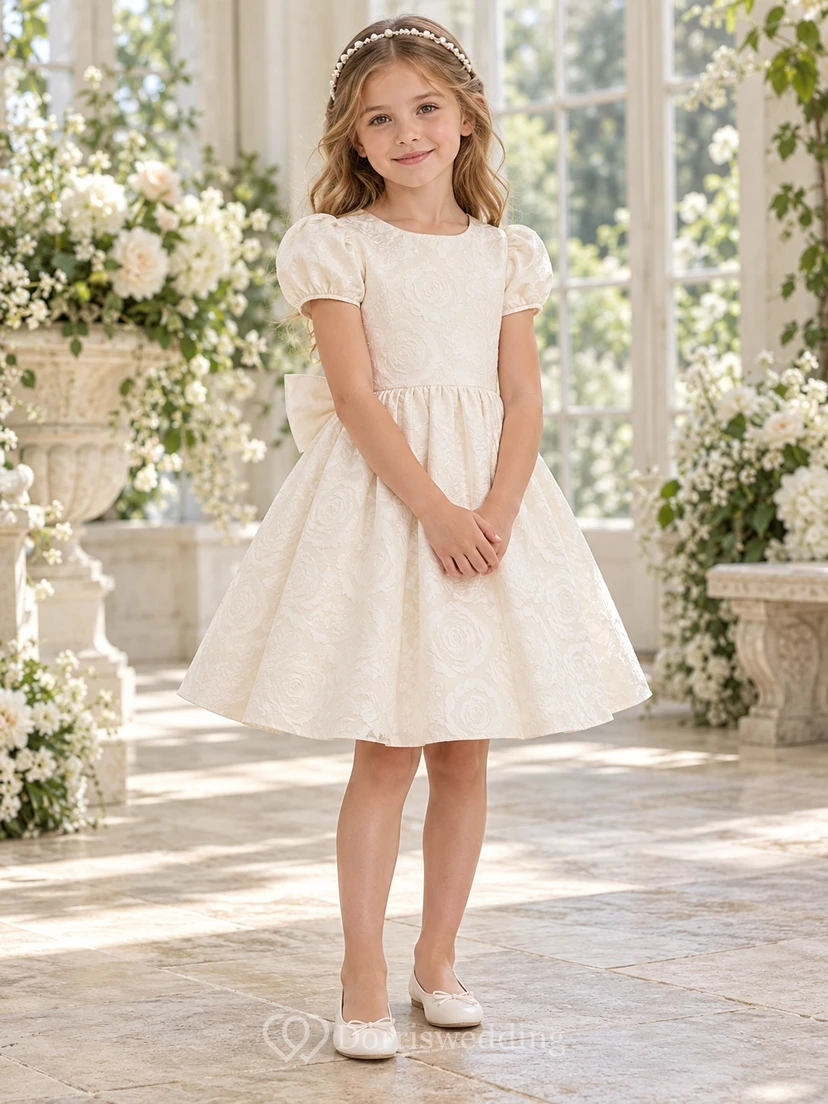 Ivory Jewel Neck Puff Sleeve Jacquard Bow Flower Girl Dress