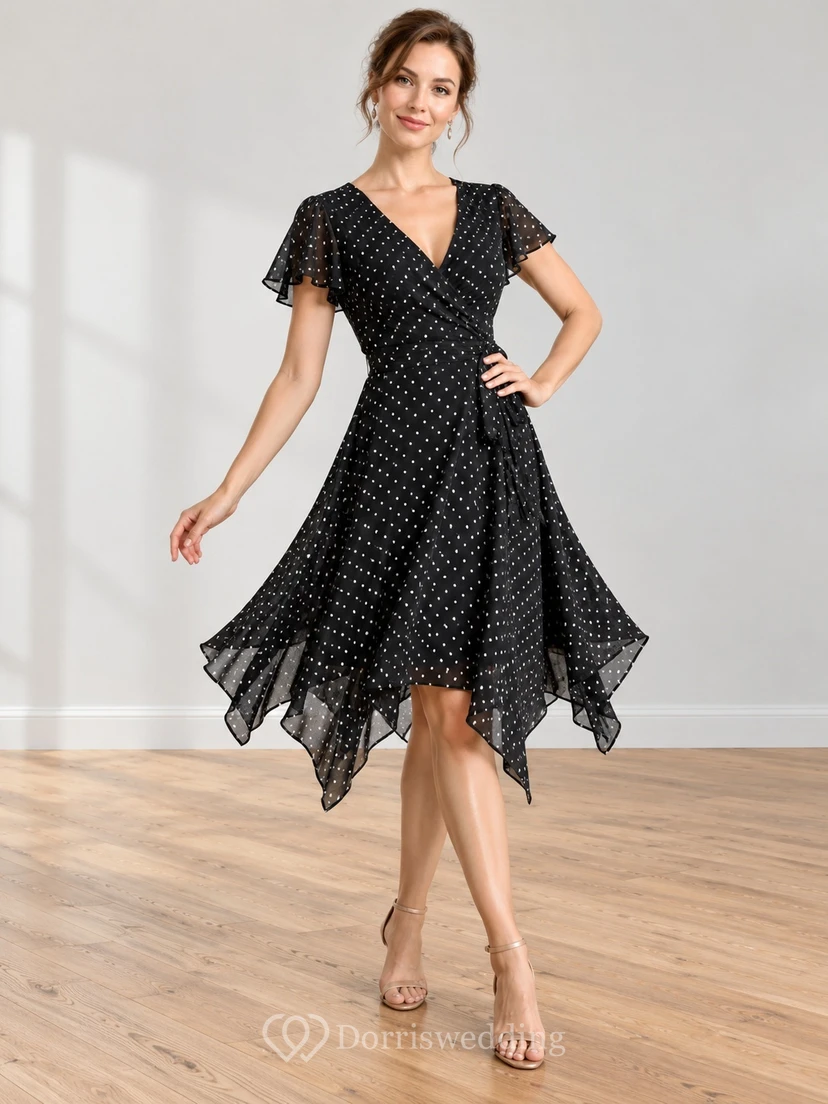 Vintage Black Polka Dot V-neck Flutter Sleeve Asymmetric Cocktail Dance Dress
