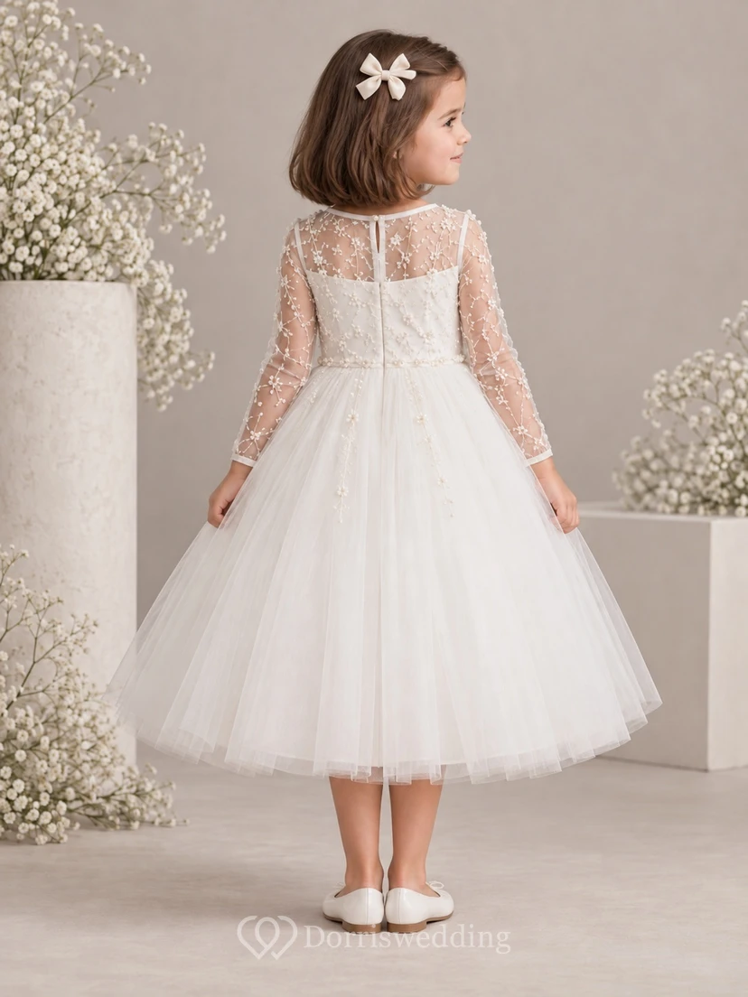 Vestido de niña de flores blanco de manga larga con estampado floral, corte en A, tul, espalda ilusión y corpiño de encaje. view 2