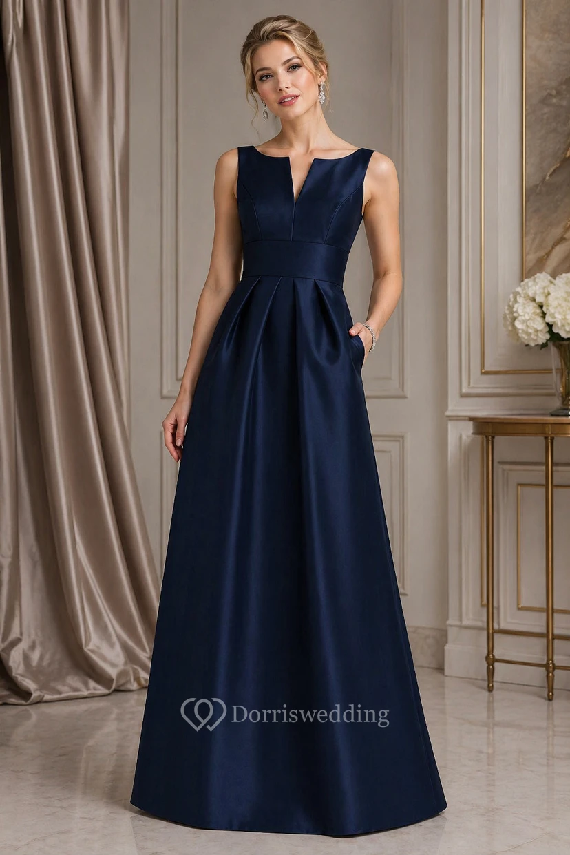 Notch Neck Satin Long Dress with Pleats