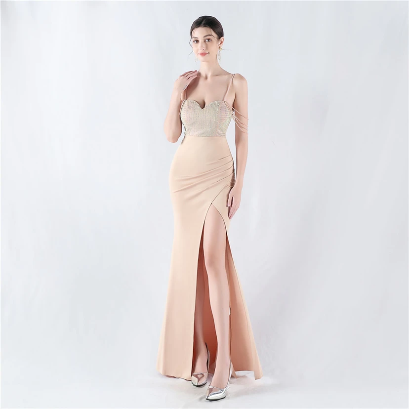 Hot Diamond Beaded High-Slit Satin Sexy Sling Evening Dress view 22