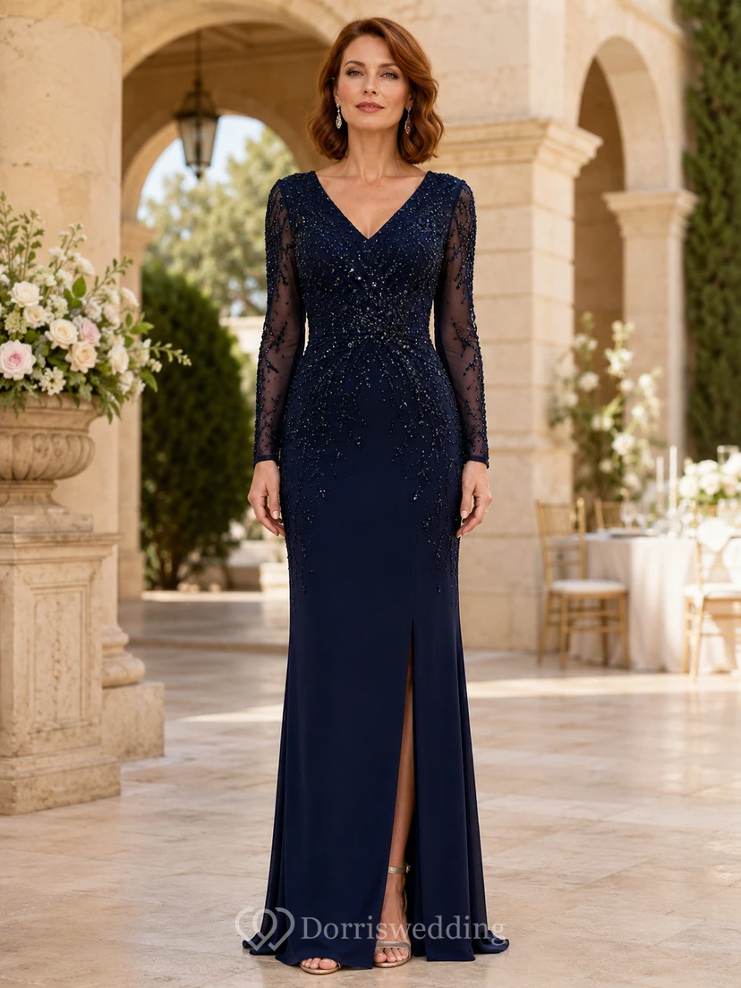 Robe sirène bleu marine foncé à manches en dentelle et fente