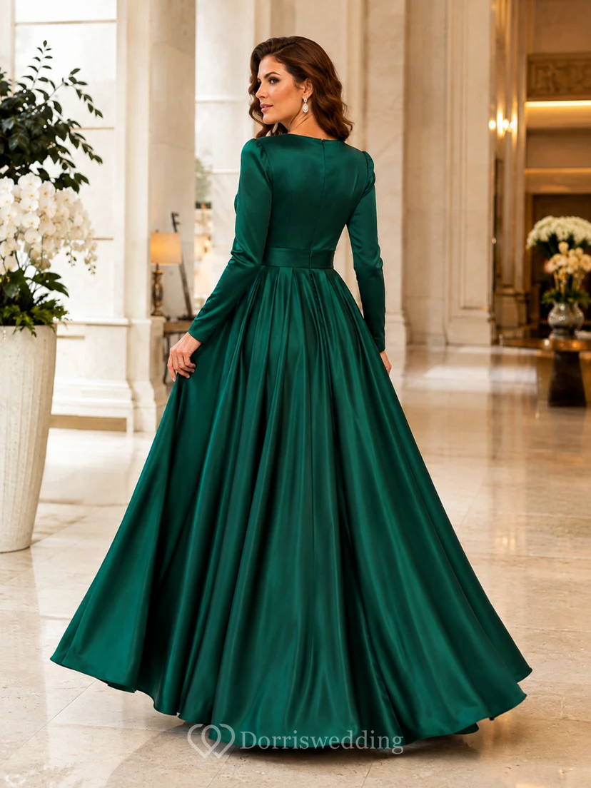 Dark Green V-Neck Long-Sleeve Sashed Satin Luxury Ball Formal Gown view 2
