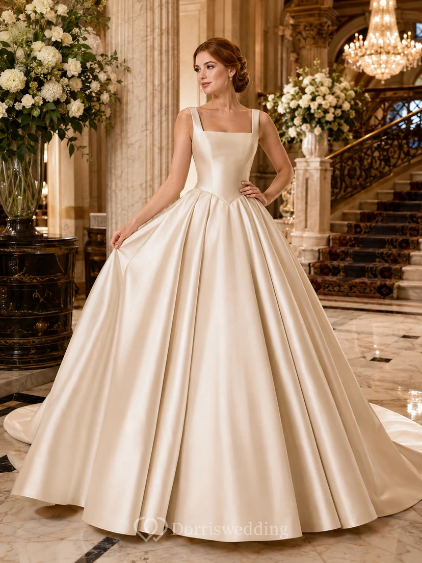 Square Neck Satin Princess Ball Gown Hotel Bridal Dress