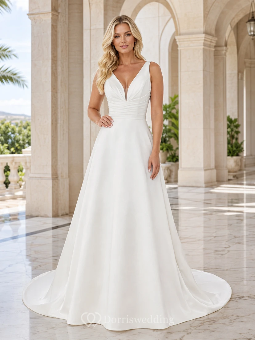 Robe de mariée minimaliste élégante en satin, col V sans manches, coupe trapèze, longueur au sol.