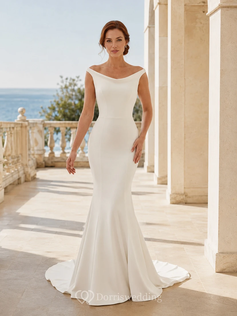 Brautkleid aus Satin im Meerjungfrauenstil mit U-Boot-Ausschnitt, ärmellos, bodenlang, tiefer V-Ausschnitt am Rücken