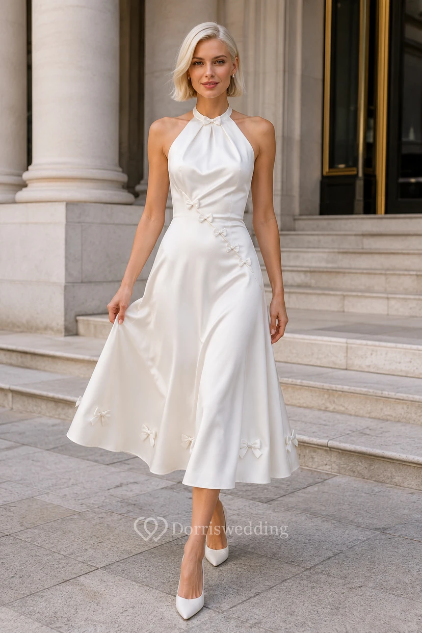 Robe de mariée blanche en satin, longueur thé, dos nu et bretelles croisées dans le dos