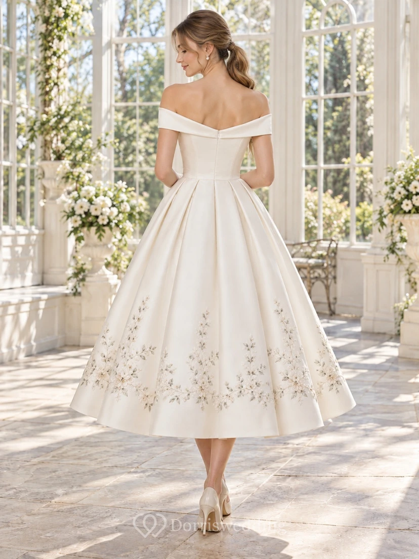 Vintage Tea-length Off Shoulder Floral Embroidered Satin A-line Wedding Dress view 2