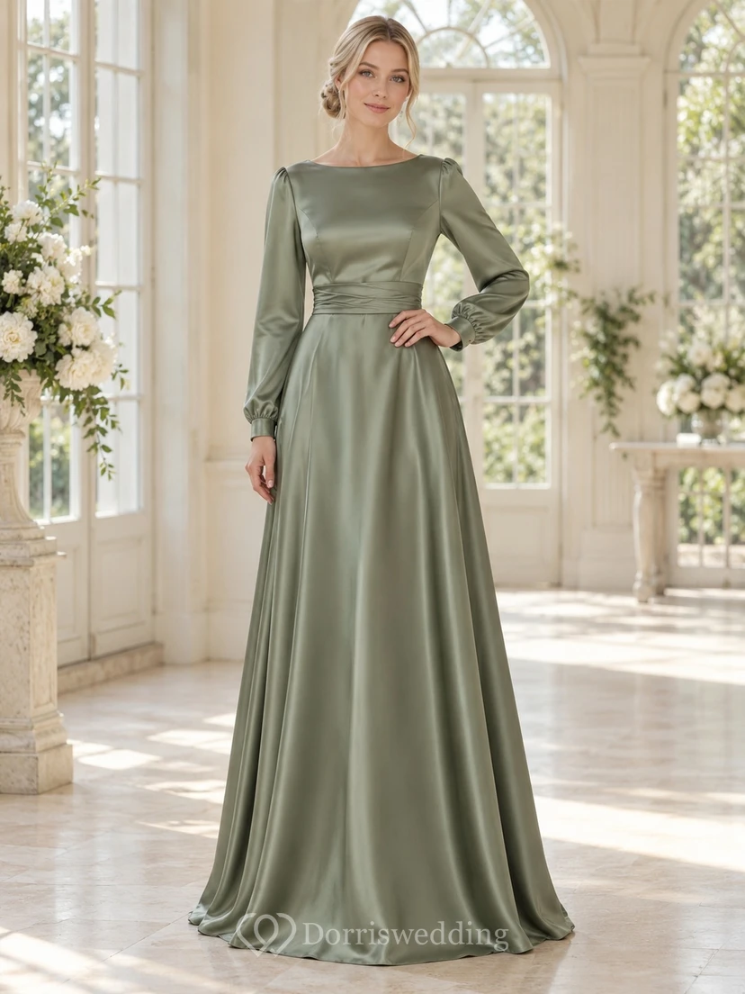 Vestido de noche modesto de satén plisado de corte A con escote barco y mangas largas color verde salvia