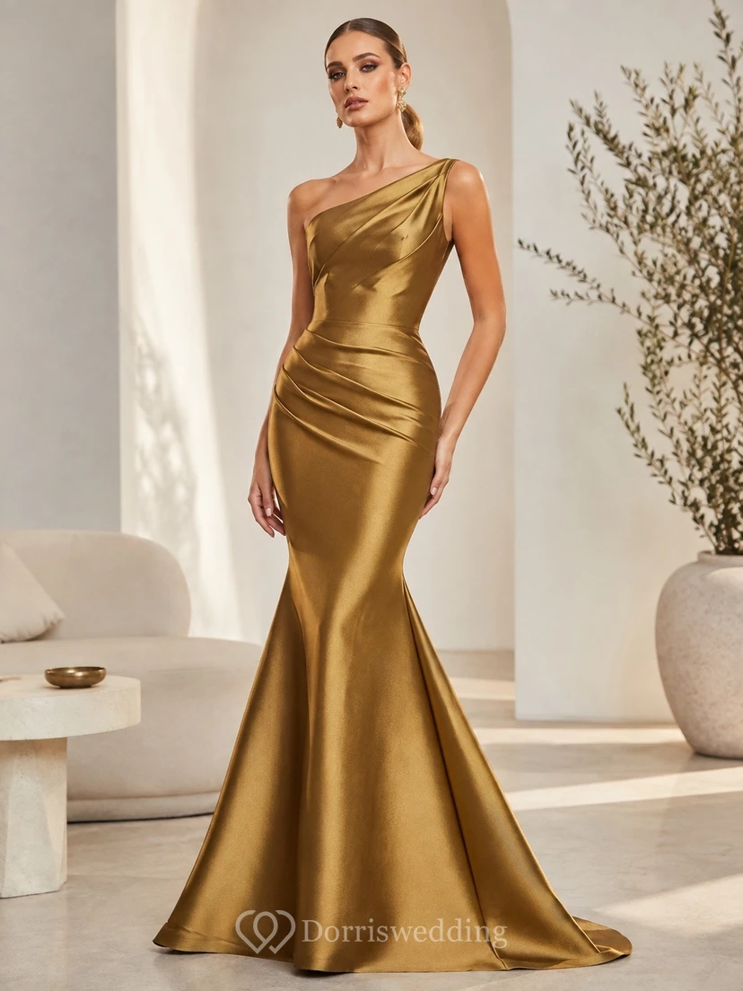 Gold Satin One-Shoulder Sleeveless Mermaid Sweep Train Formal Gown