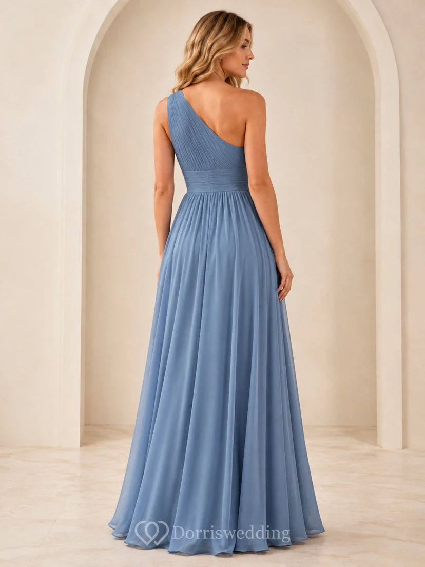 Dusty Blue One Shoulder Pleated Chiffon Floor Length A Line Dress With Slit view 2
